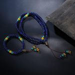 Flat Natural Lapis Lazuli Stone With 6 Syllable Mantra Tassel and Buddha Head Charm Mala Set