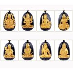 Gold+Natural Black Obsidian Eight Patron Saint Buddha Pendant Necklace