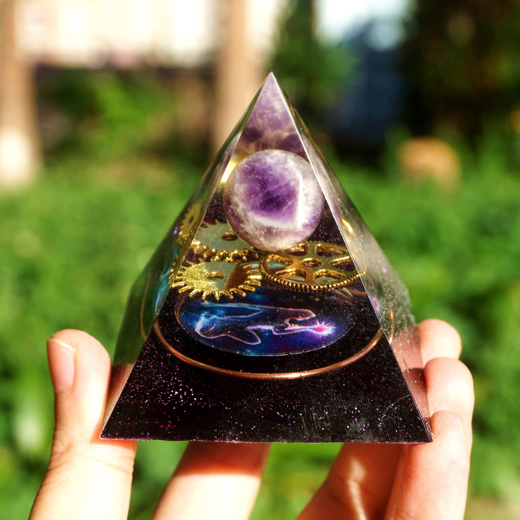 handmade-amethyst-crystal-sphere-orgone-pyramid.jpg Handmade Amethyst Crystal Sphere Orgone Pyramid - Image 1