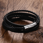 Multiwrap Genuine Black Leather Stainless Steel Bracelet