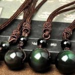 Natural Black Rainbow Eye Obsidian Sphere Pendant Necklace
