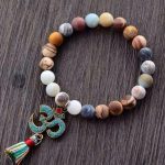 Natural Jasper Beads with Tibetan OM Charm and Short Tassel Mala Bracelet