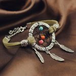 Vintage Double Leather Strap Beaded Silver Dream Catcher Bracelet